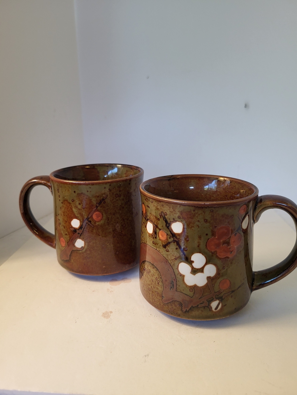 1970s Otagiri Japanese Plum Blossom Stoneware Mugs S/2